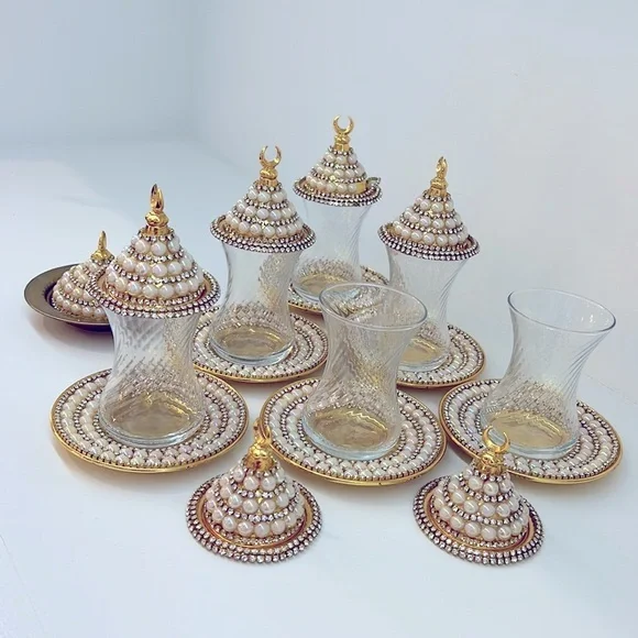 NEW HANDMADE TURKISH TEA SET WITH PEARLS - Picture 15 of 17